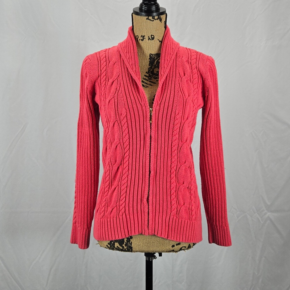 Chaps Women Cotton Cable Knit Cowl Collar Zip Sweater‎ Pink Preppy Classic L